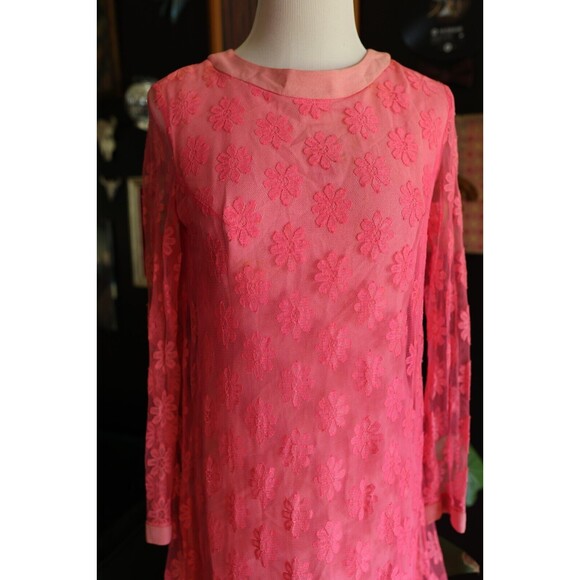 Vintage 60s Joseph Magnin Retro GoGo Flower Power Lace Pink Mod Dress - Picture 5 of 16